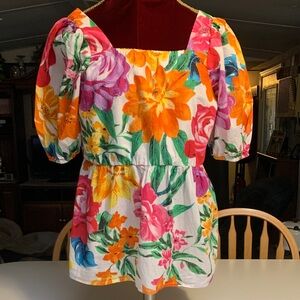 Unique Spectrum White Floral Puff-Sleeve Blouse with Vibrant colored Blooms